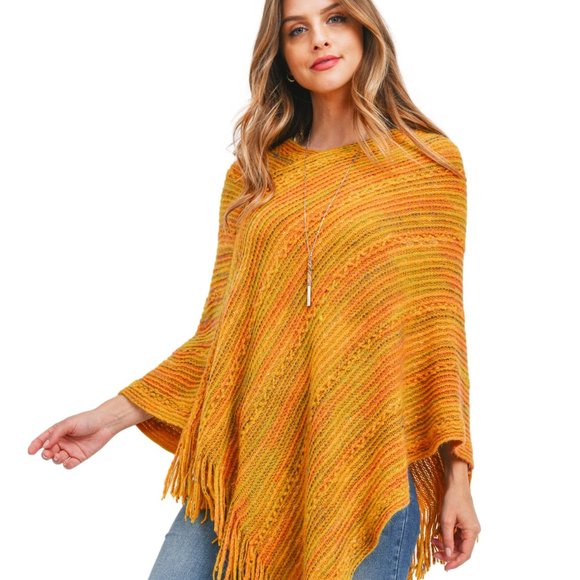Boutique Accessories - Stripe Knit Poncho with Fringe - Mustard